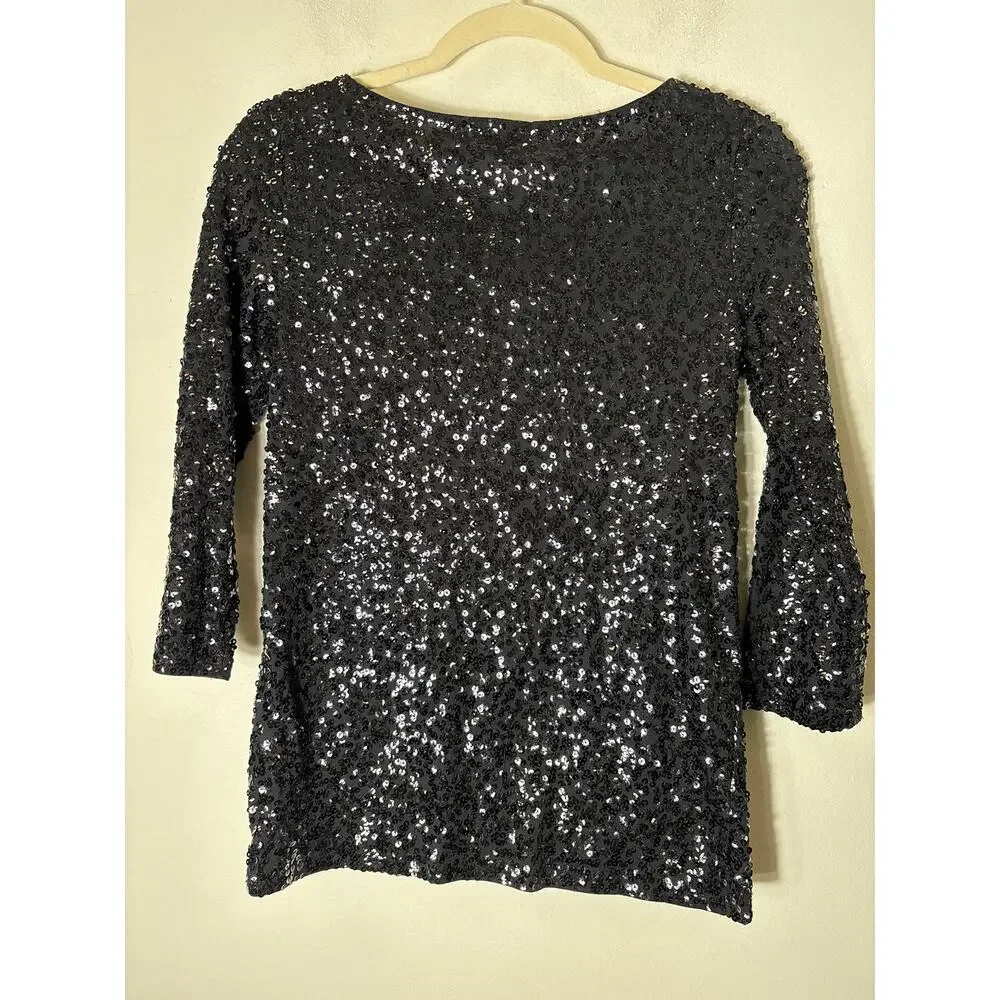 J. Crew Black Long Sleeve Sequin Wide Neck Shirt Sz S